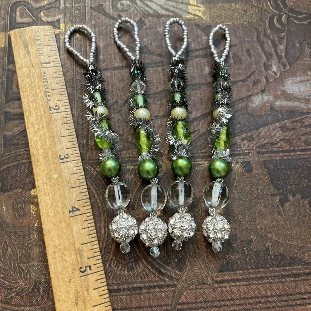 Green Beaded Christmas Ornaments 4 Pcs Victorian Style